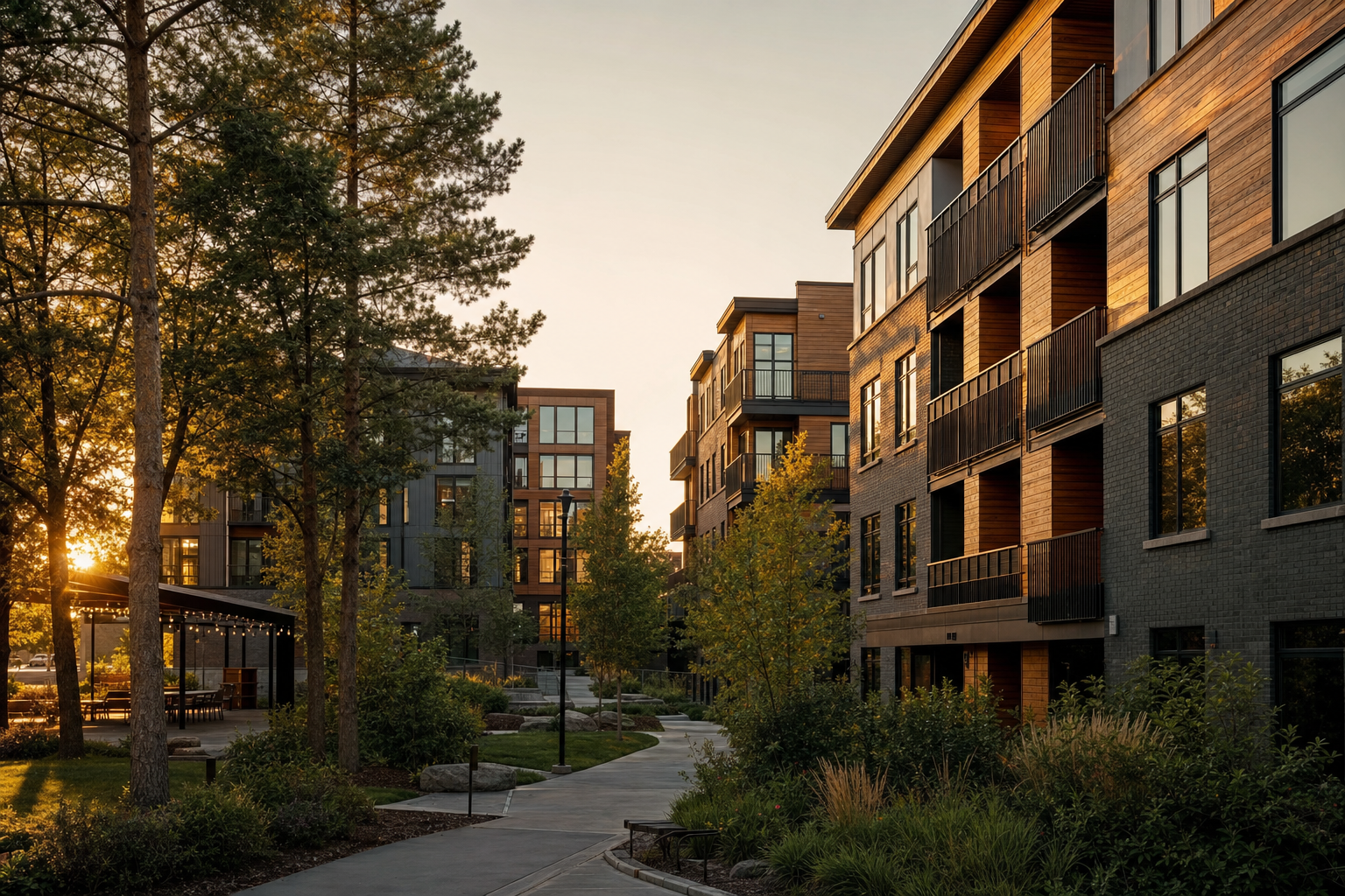 Modern, high-quality affordable housing community at golden hour